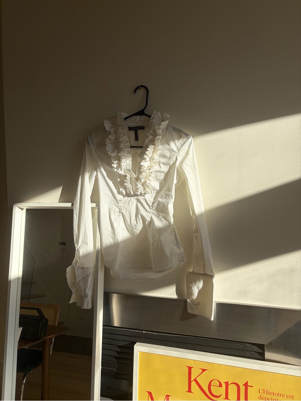 BCBGMaxAzria White Ruffle V-Neck Button-Down Blouse - Picture 2 of 9